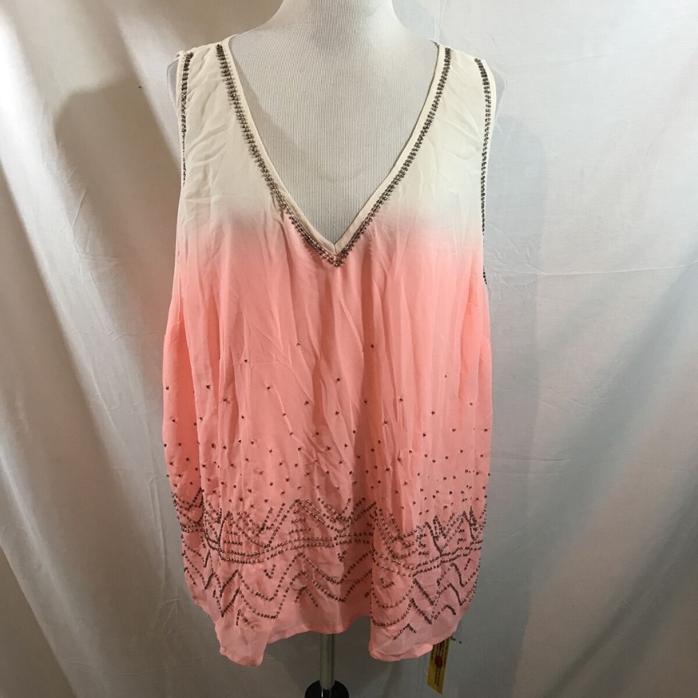 Label B peach & white V neck sleeveless top - womens 26, armpit to armpit = 28"